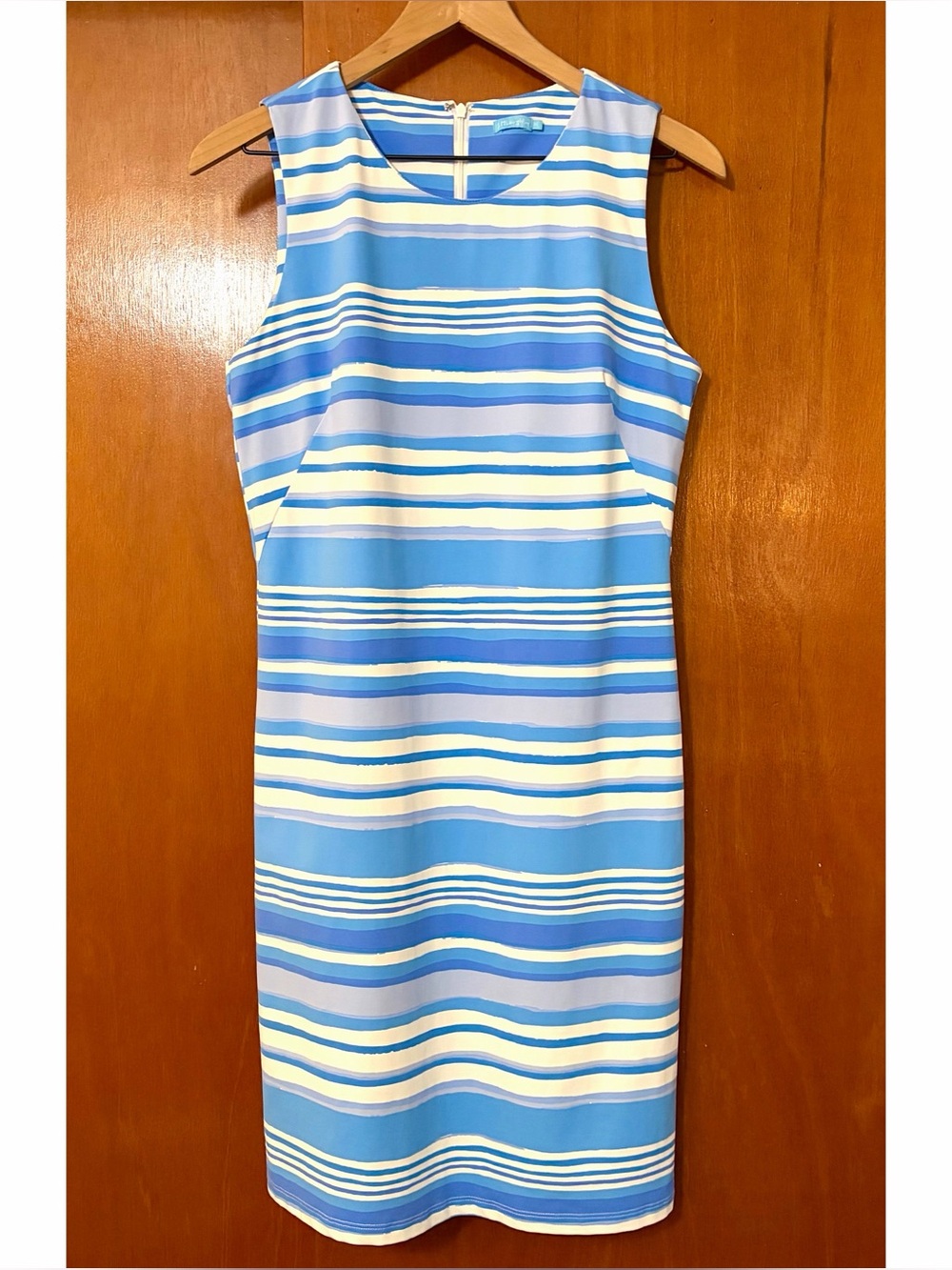 J. McLaughlin Sleeveless Sophia Dress Catalina Cloth Blue Stripe Print Sheath - Picture 2 of 10